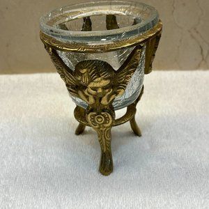 Vintage Antique Brass Cherub footed stand cracked glass insert tea light holder